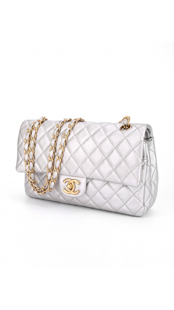 Chanel Metallic Silver Double Flap Bag