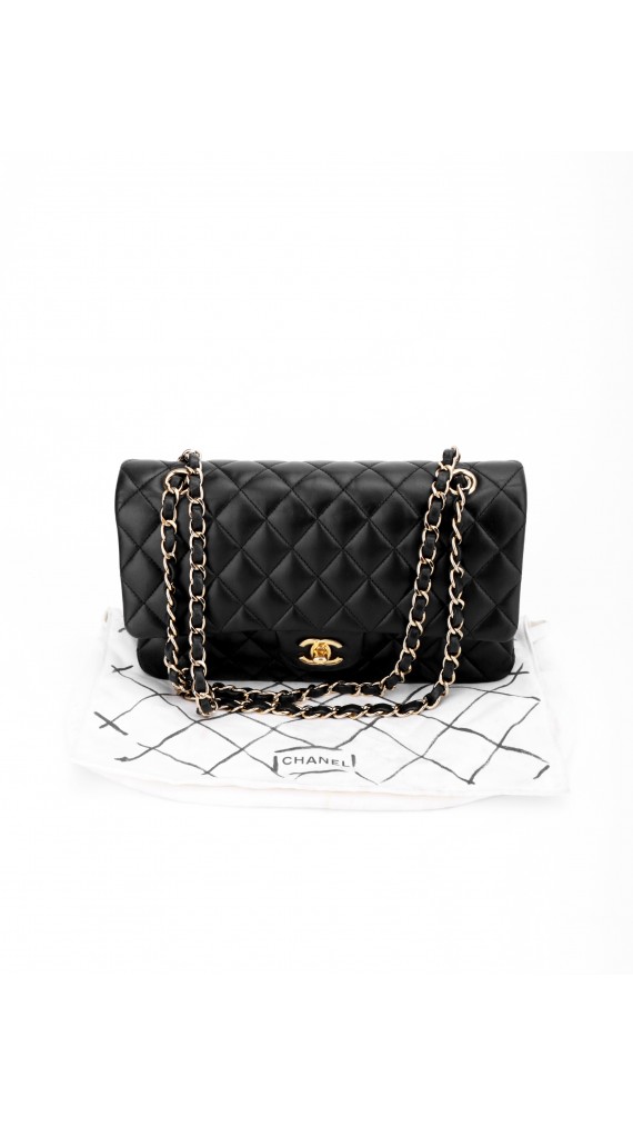 Chanel Classic Double Flap Bag i Size Medium Sort Lammeskinn