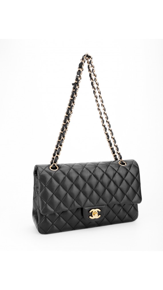 Chanel Classic Double Flap Bag i Size Medium Sort Lammeskinn