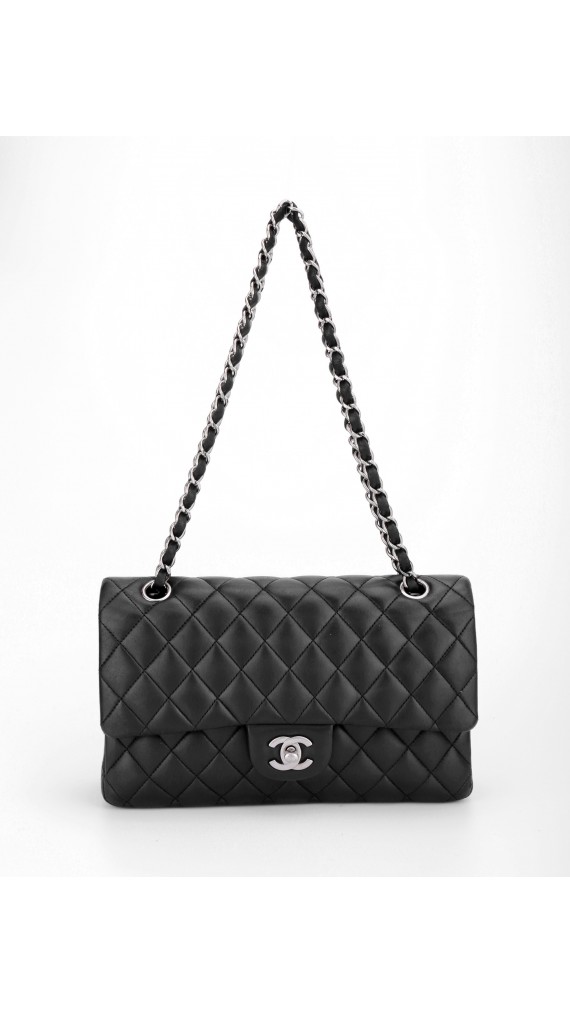 Chanel Classic Double Flap Bag i Sort Lammeskinn