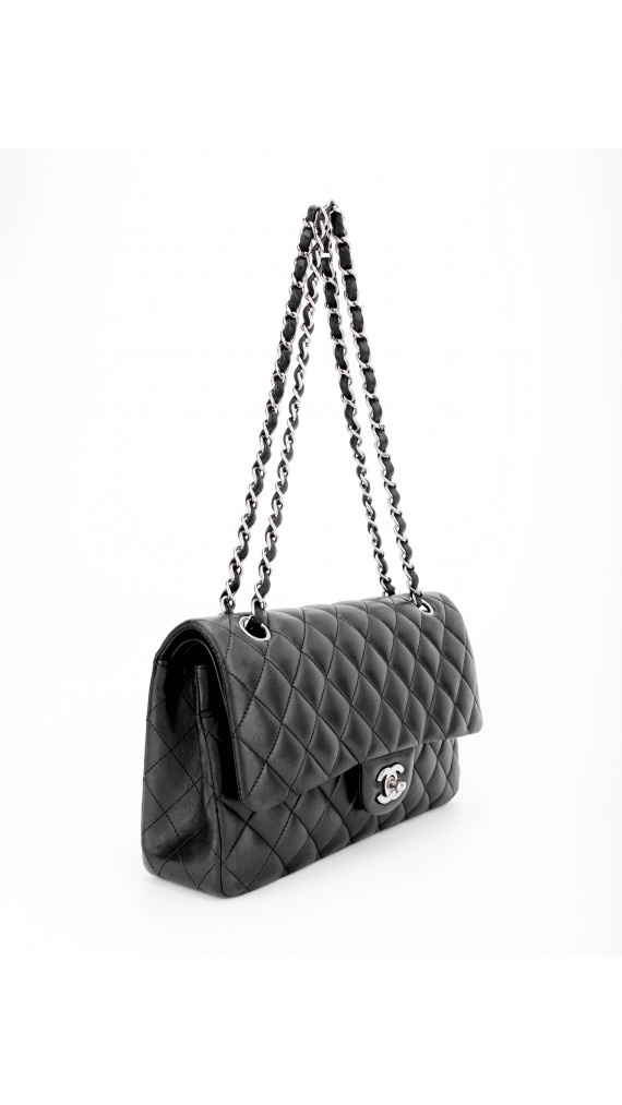 Chanel Classic Double Flap Bag i Sort Lammeskinn