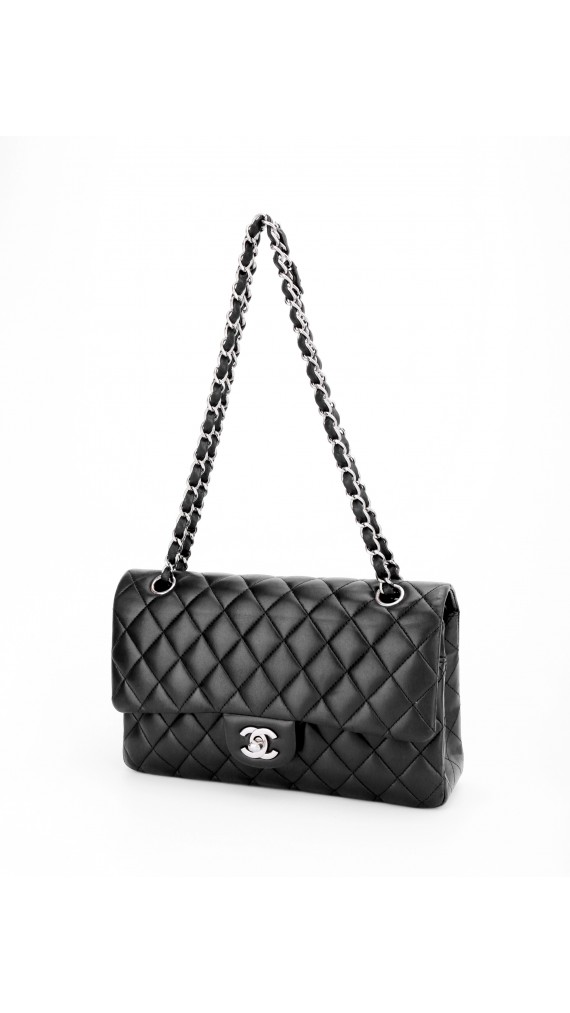 Chanel Classic Double Flap Bag i Sort Lammeskinn