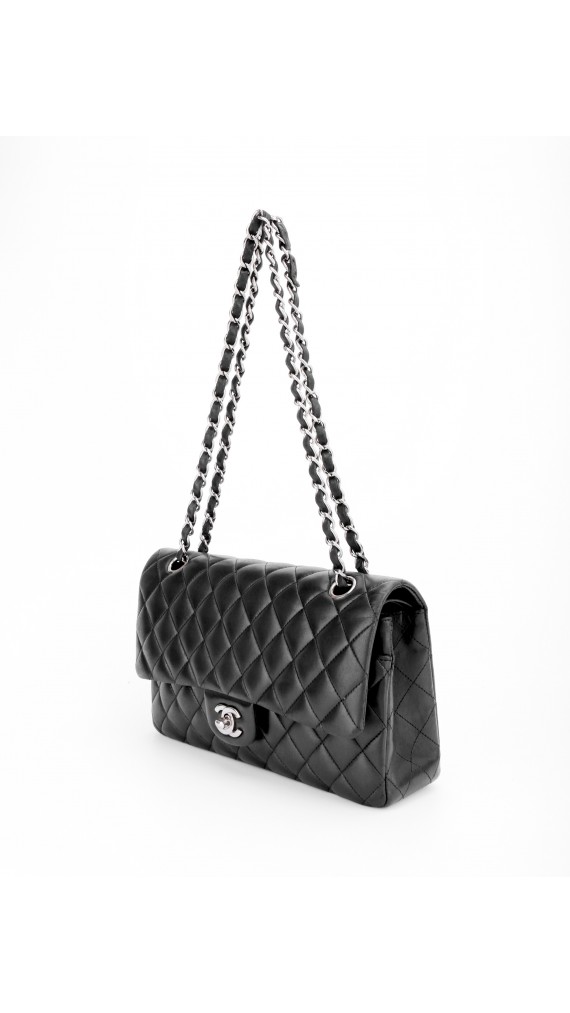 Chanel Classic Double Flap Bag i Sort Lammeskinn