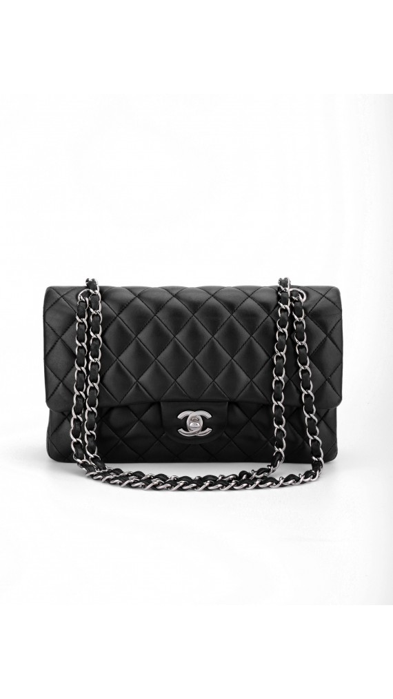 Chanel Classic Double Flap Bag i Sort Lammeskinn