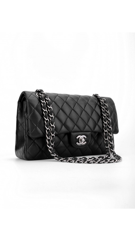 Chanel Classic Double Flap Bag i Sort Lammeskinn