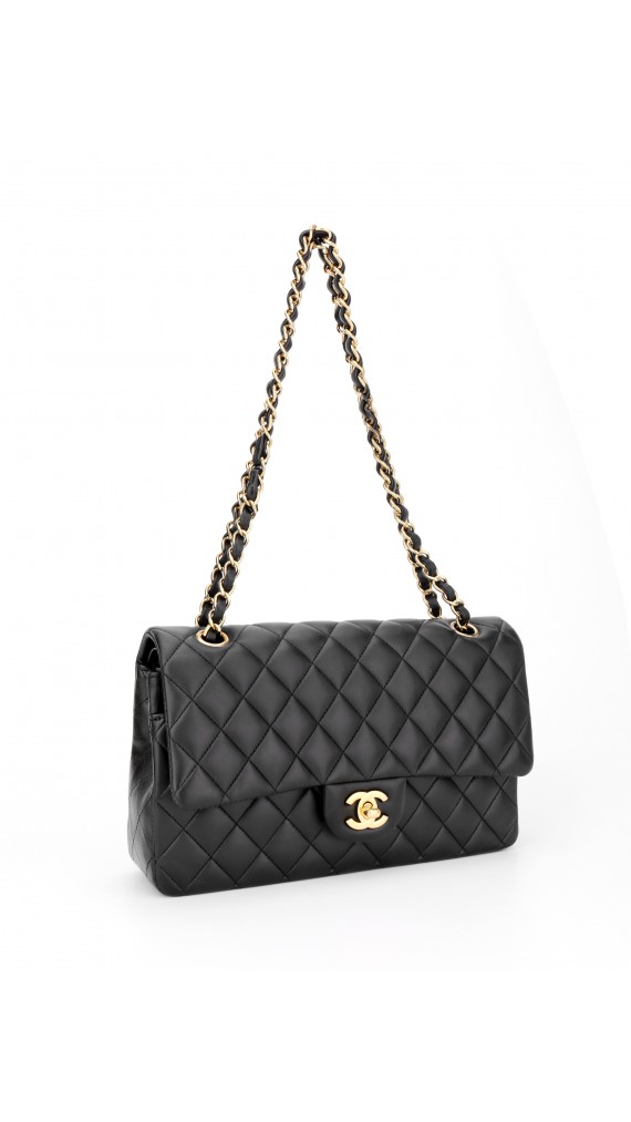 Chanel Classic Double Flap Bag i Size Medium Sort Lammeskinn