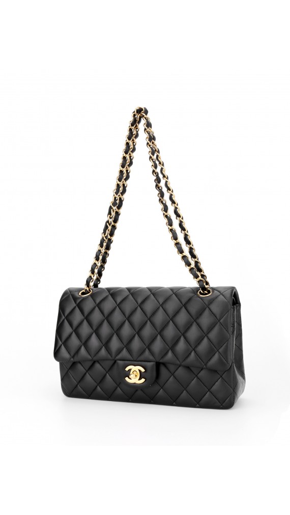 Chanel Classic Double Flap Bag i Size Medium Sort Lammeskinn