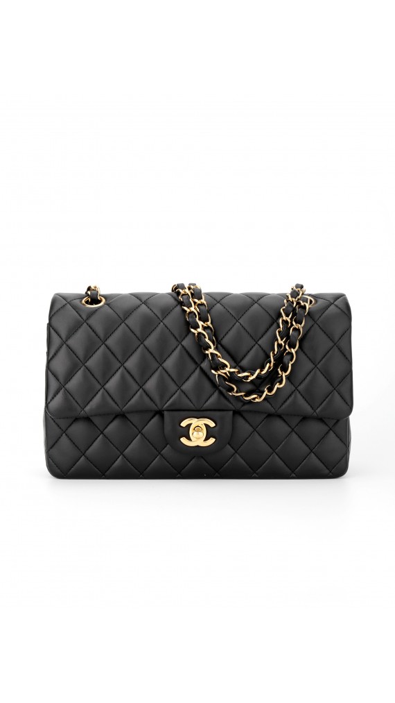 Chanel Classic Double Flap Bag i Size Medium Sort Lammeskinn